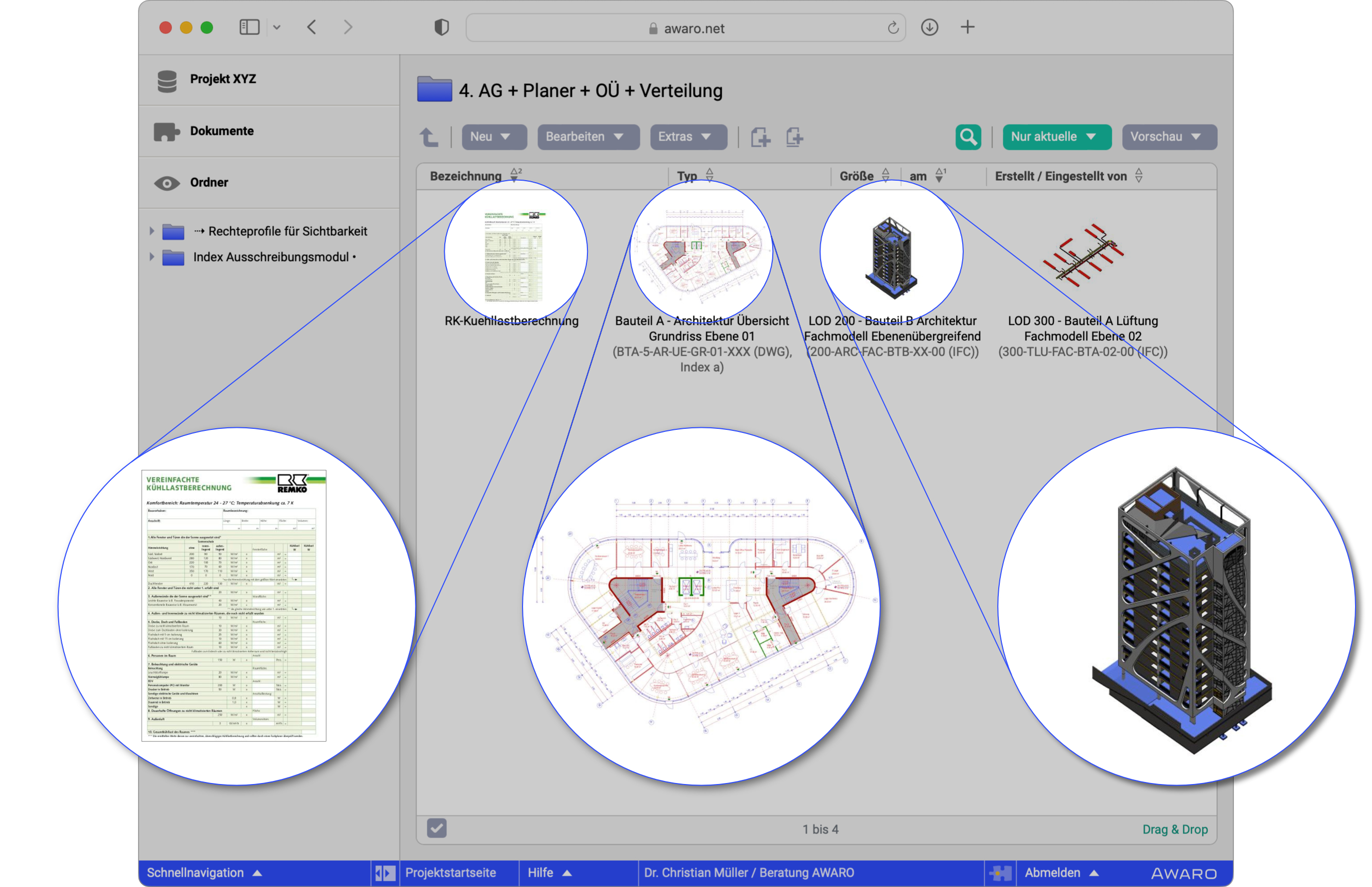 Anzeige von 3D-Modell (IFC), 2D-Plan (DWG) und PDF-Dokument als Miniaturpreview in der Vorschauansicht