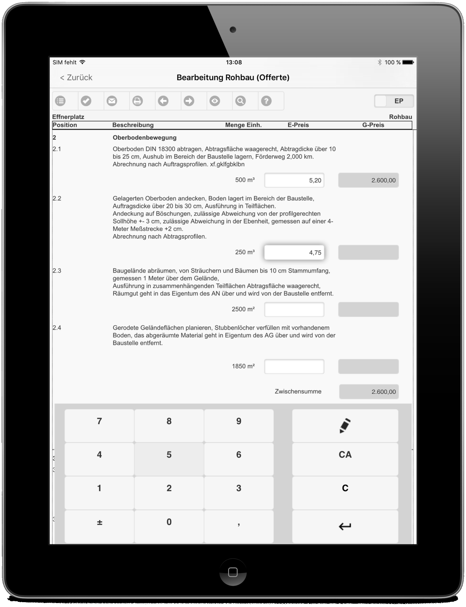 Ausfüllen des Angebots mit dem Modul Offerte von California.pro auf dem iPad