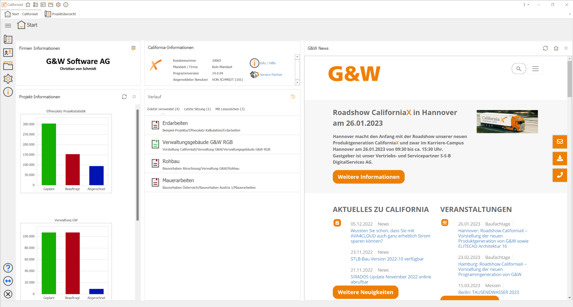 Dashboard mit Projektdaten, Bürokommunikation und aktuellen G&W-Nachrichten
