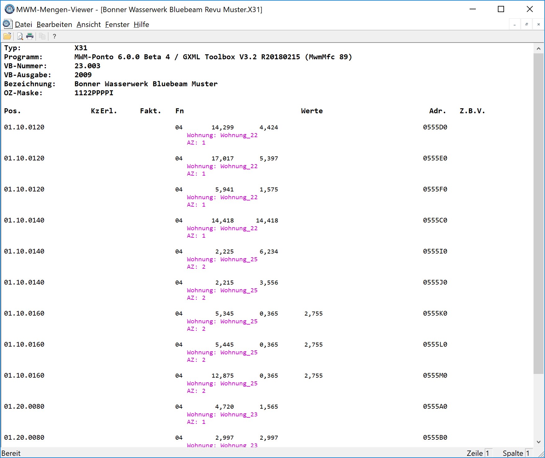 Mit MWM-Ponto erstellte Bluebeam Revu Daten als X31 im kostenlosen MWM-Mengenviewer