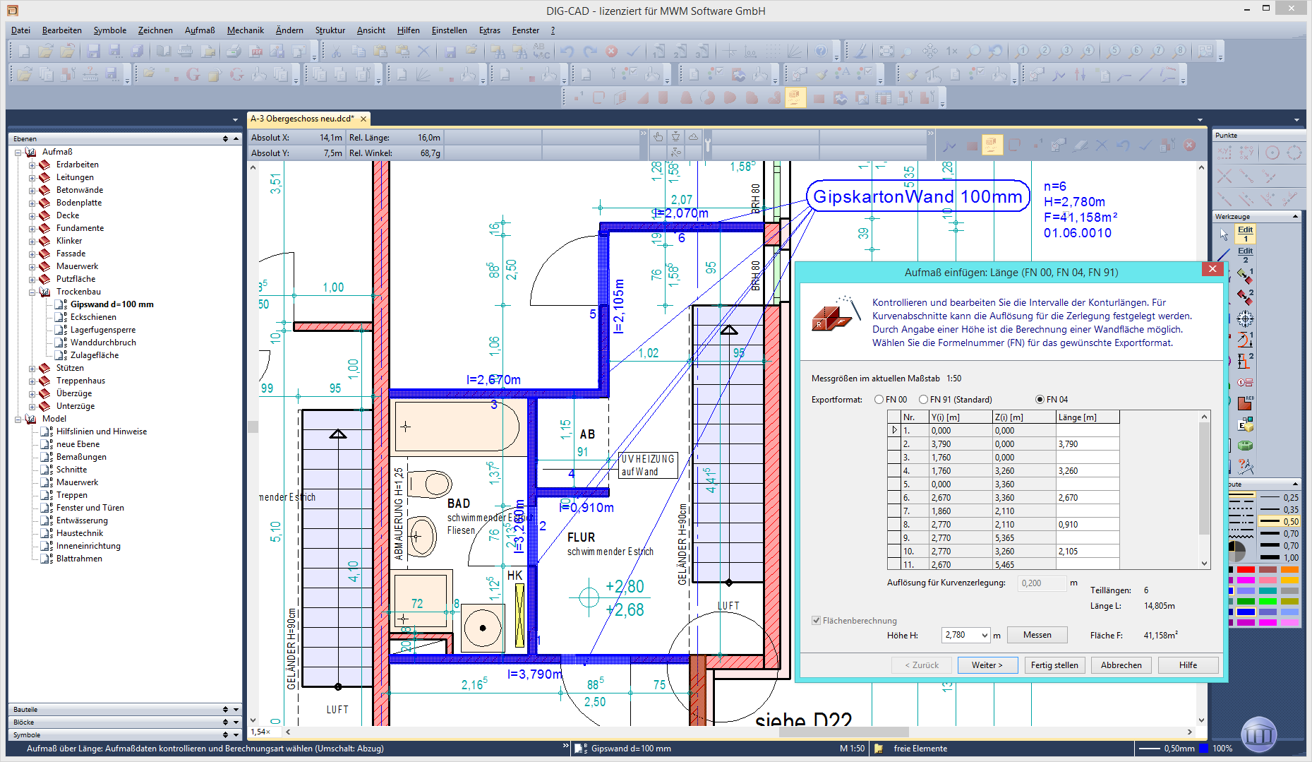 Erfassung Aufmaß über Länge mit einzelnen Wandstücken in DIG-CAD